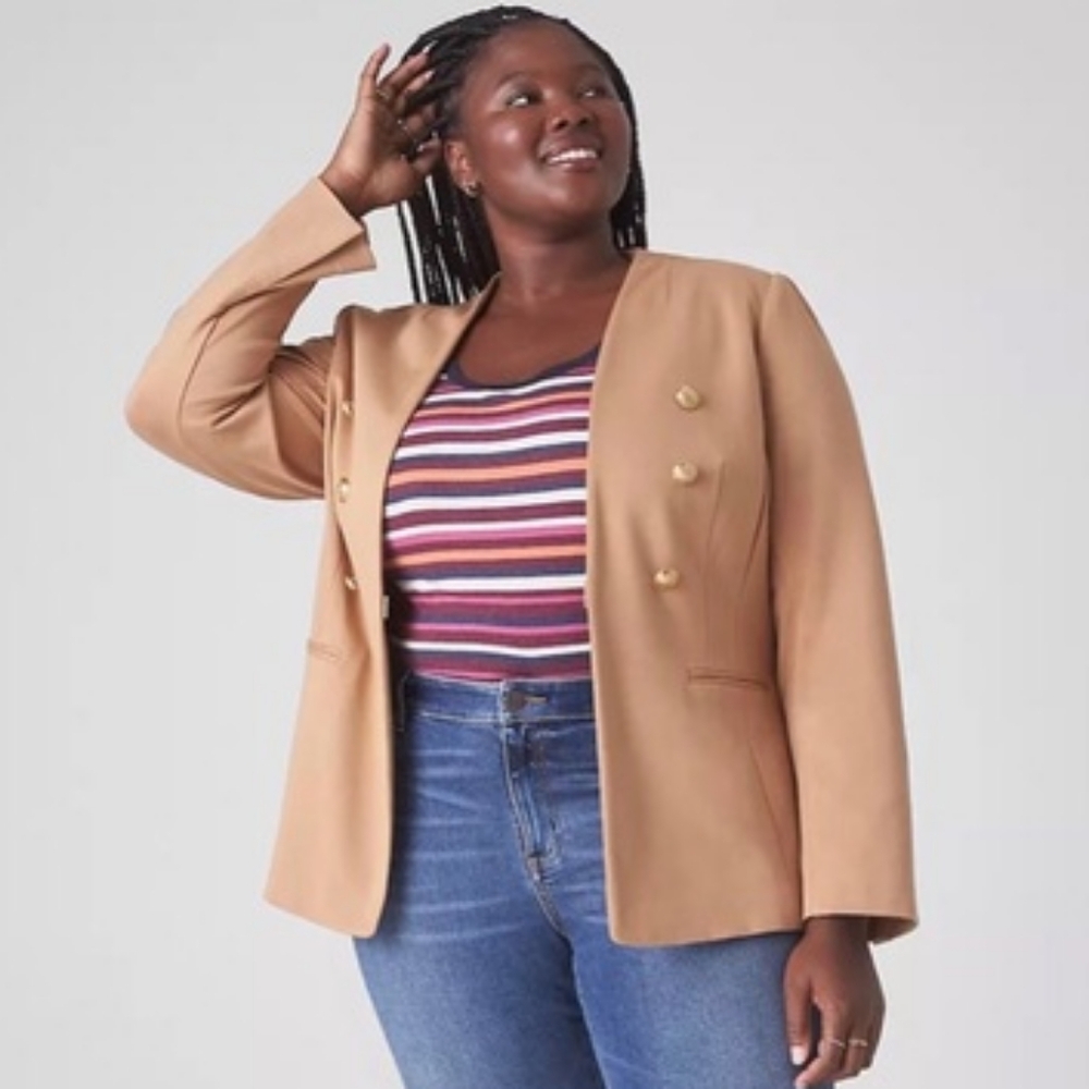 Lane Bryant Camel Double-Breasted Blazer